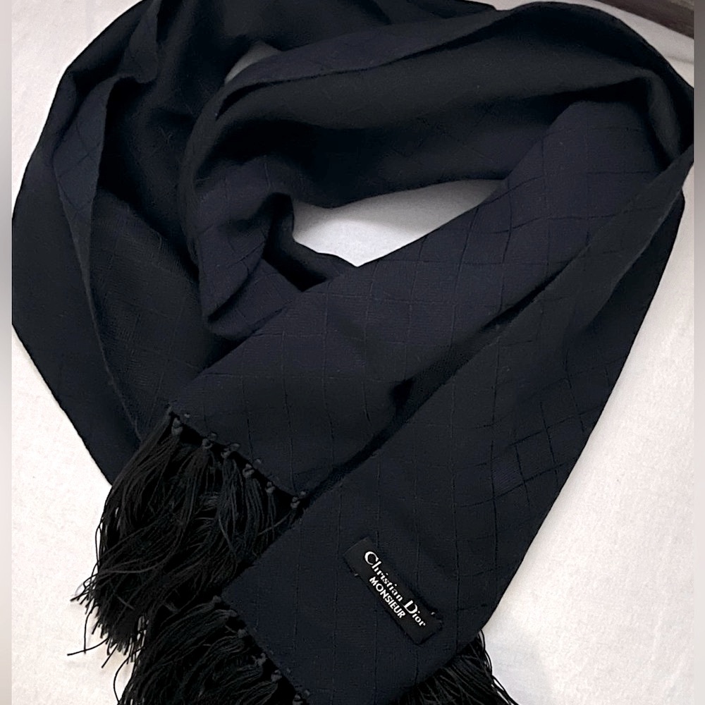 Christian Dior Logo Vintage Monsieur Navy Fringe Scarf Unisex With Dior Box - Picture 6 of 8